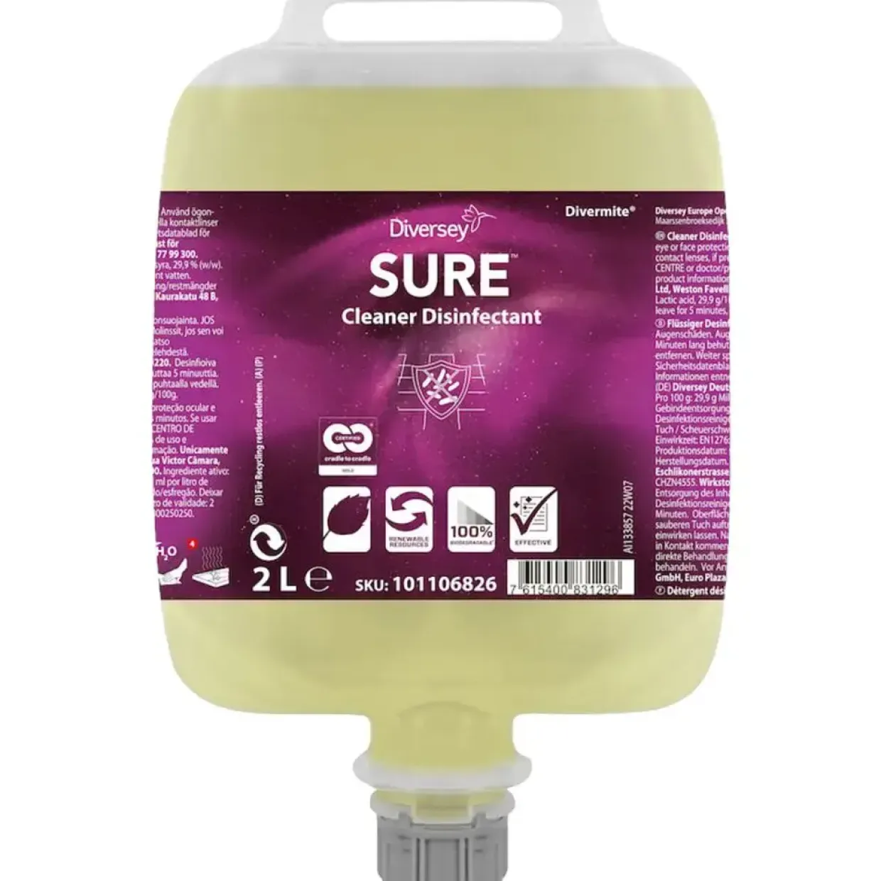 Desinfektionsmiddel, Diversey, SURE Cleaner Disinfectant, 2L, uden farve og parfume - 3 stk