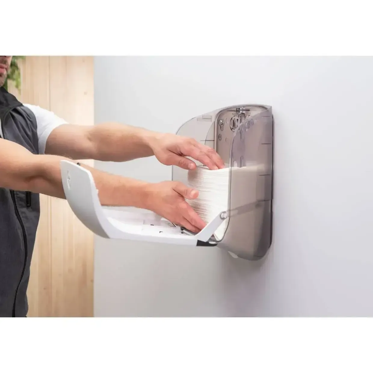 Dispenser, Katrin 88942, S, 13,5x30x30,3cm, hvid, plast, til alle håndklædeark