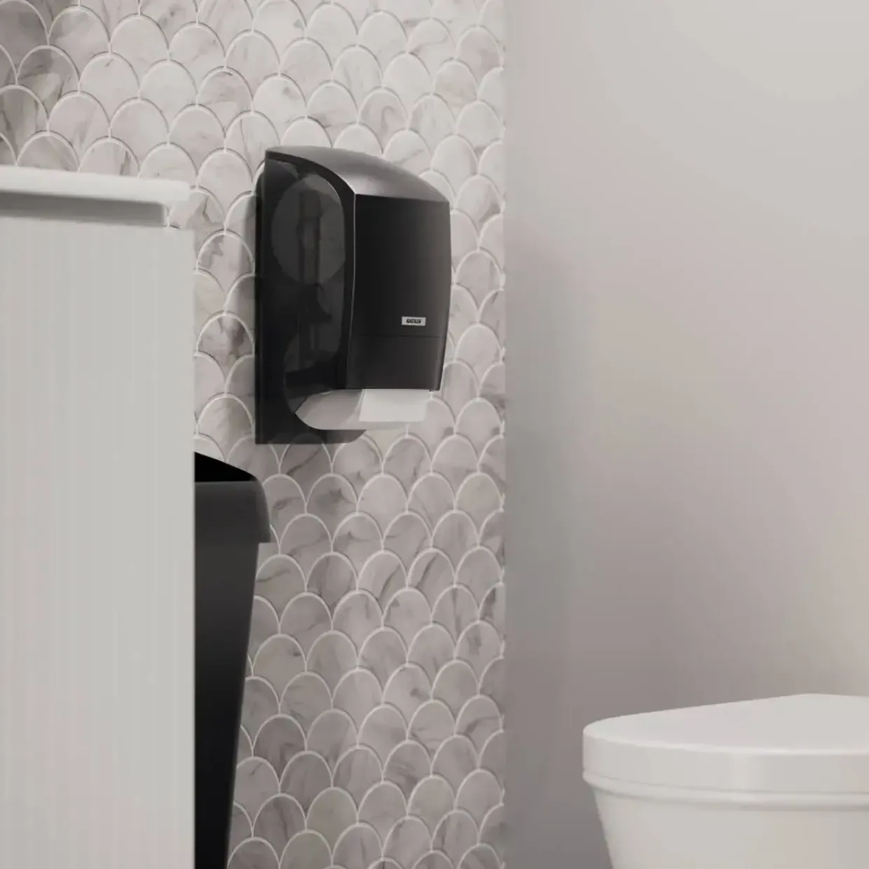 Dispenser, Katrin 77519, 17,2x15,2x31,2cm sort plast til 2 ruller toiletpapir