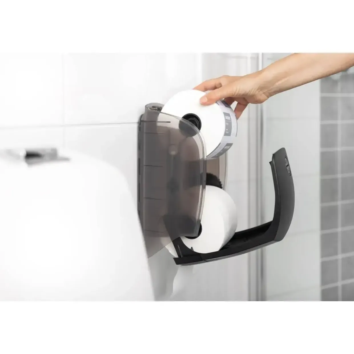 Dispenser, Katrin 77519, 17,2x15,2x31,2cm sort plast til 2 ruller toiletpapir