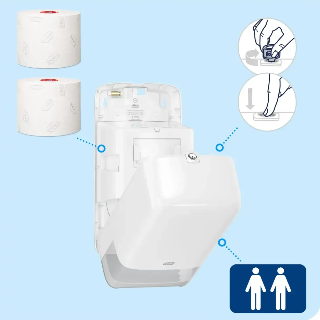 Dispenser - Tork 557500 T6 - Til 2 ruller toiletpapir - Automatisk rulleskift - Hvid - Plast