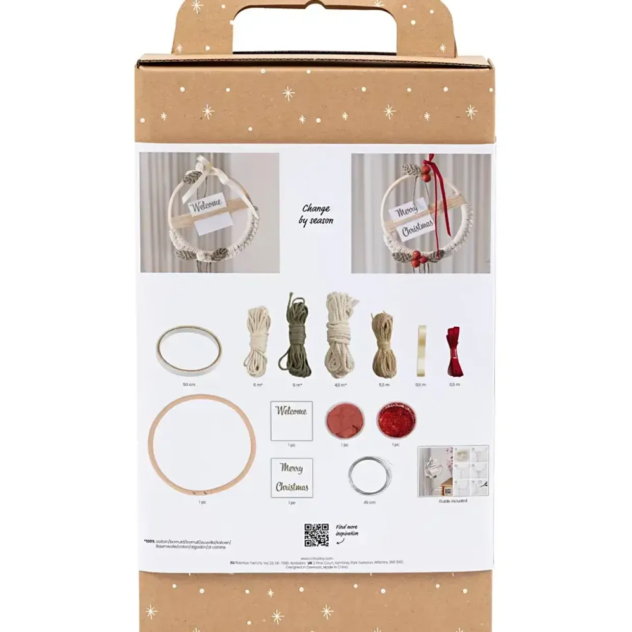 DIY Kit Macramé, Julekrans, mos grøn, julerød, råhvid