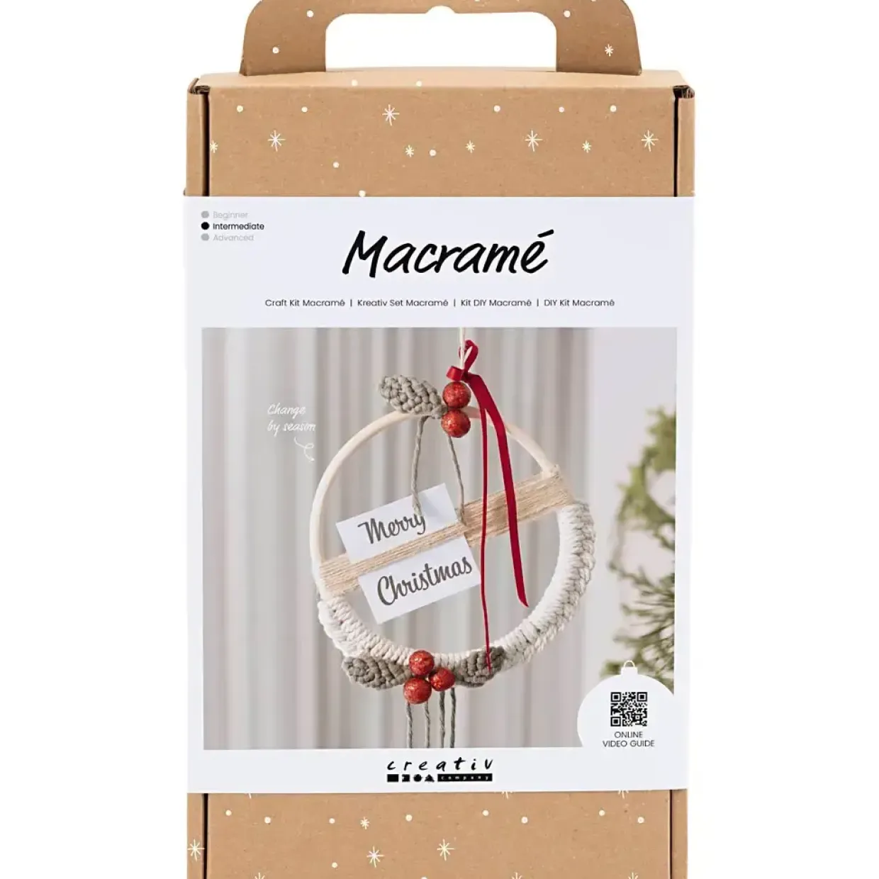 DIY Kit Macramé, Julekrans, mos grøn, julerød, råhvid