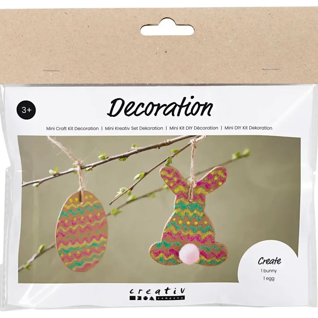 DIY Kit Mini Dekoration Æg og hare brun, grøn, pink, gul