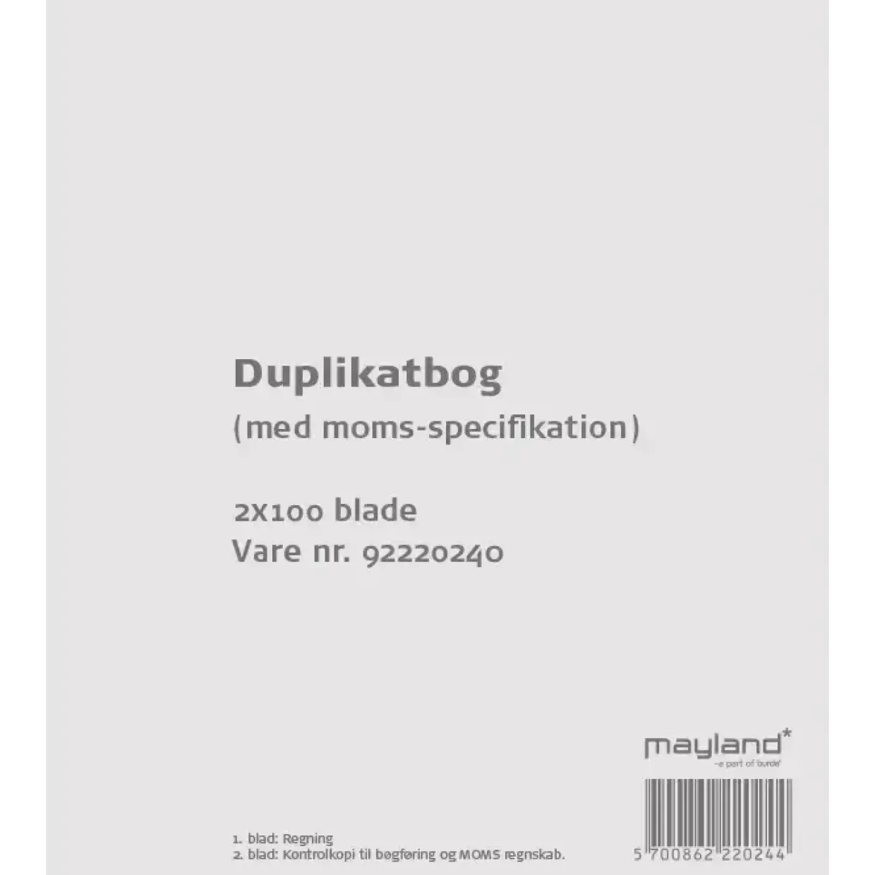 Duplikatbog med moms specifikation 126 x 148 mm 92220240 - 10 bøger á 2x100 blade
