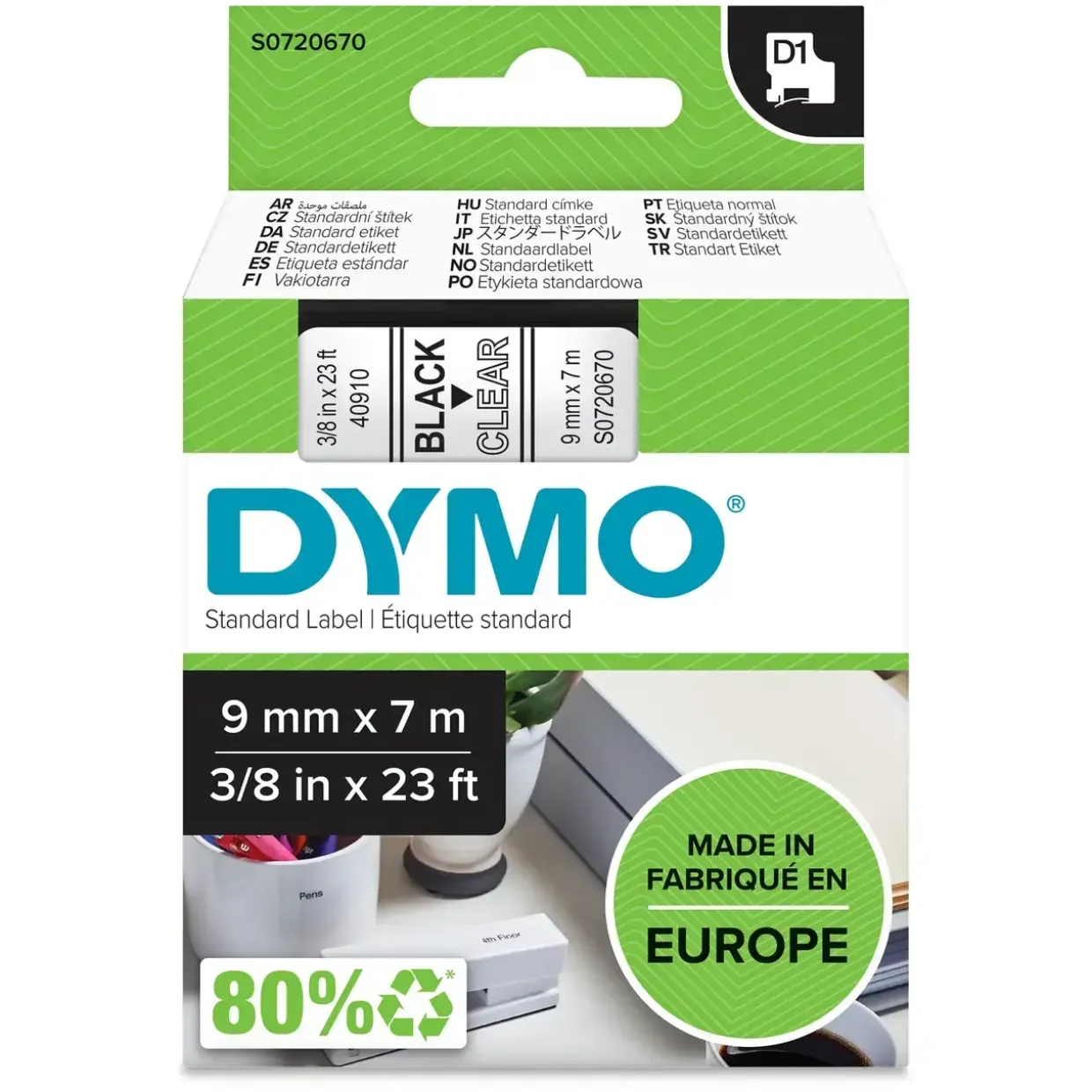 Dymo D1 tape 9mmx7m black/clear