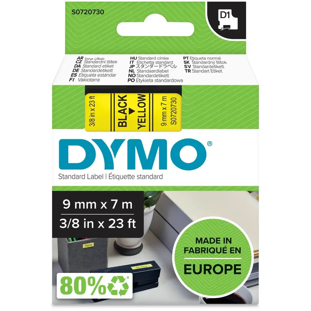 Dymo D1 tape 9mmx7m black/yellow