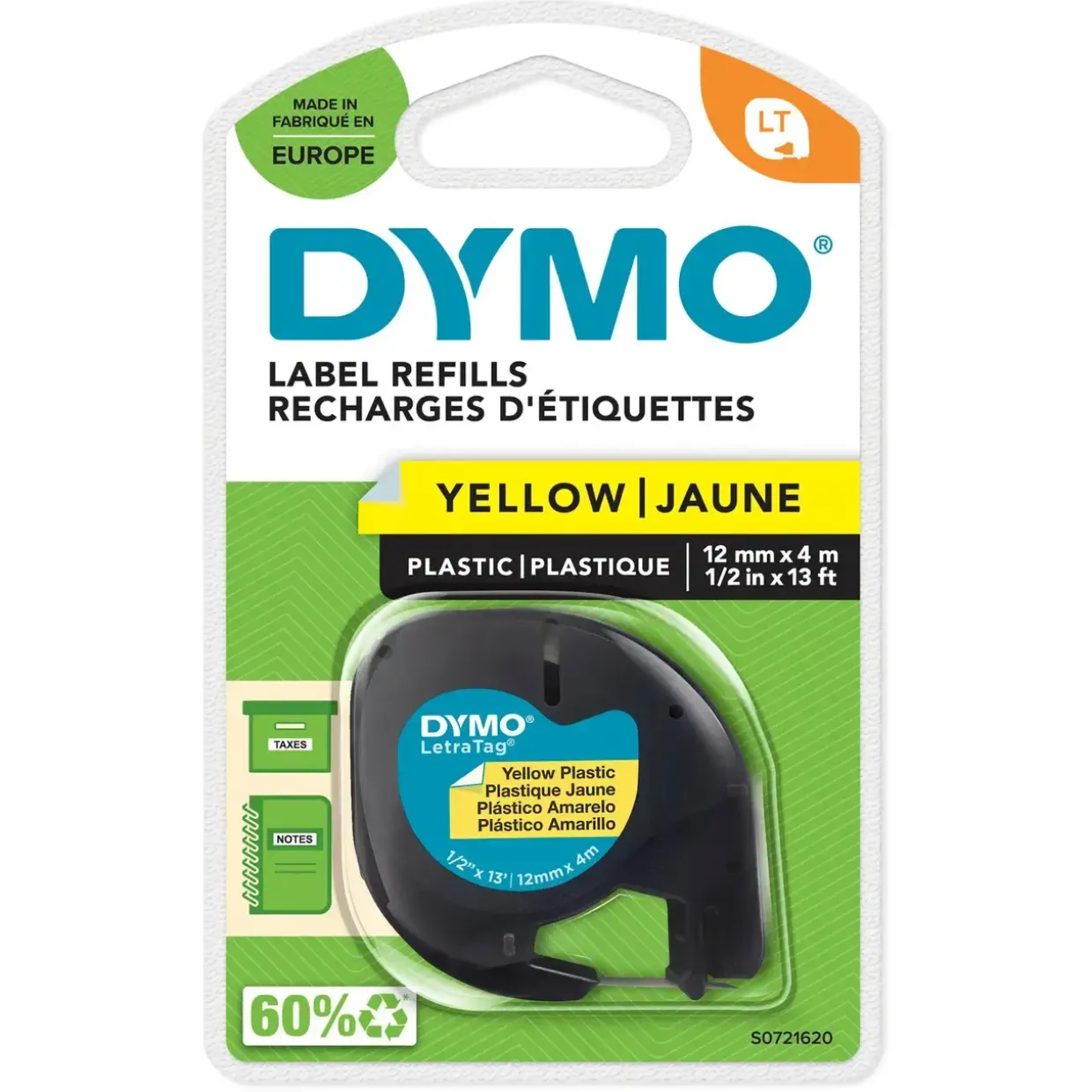 Dymo LetraTag Tape plastic 12mmx4m gul