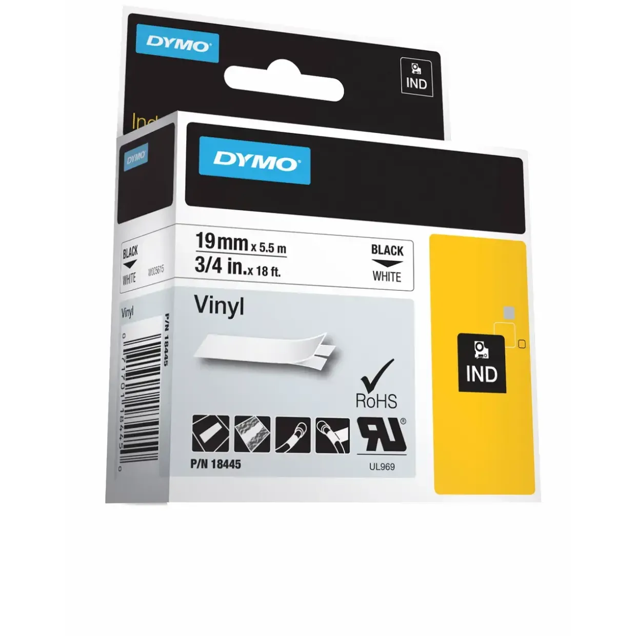 DYMO S0718620 - Rhino labeltape 19 mm x 5,5 m sort på hvid vinyl tape - 5 stk