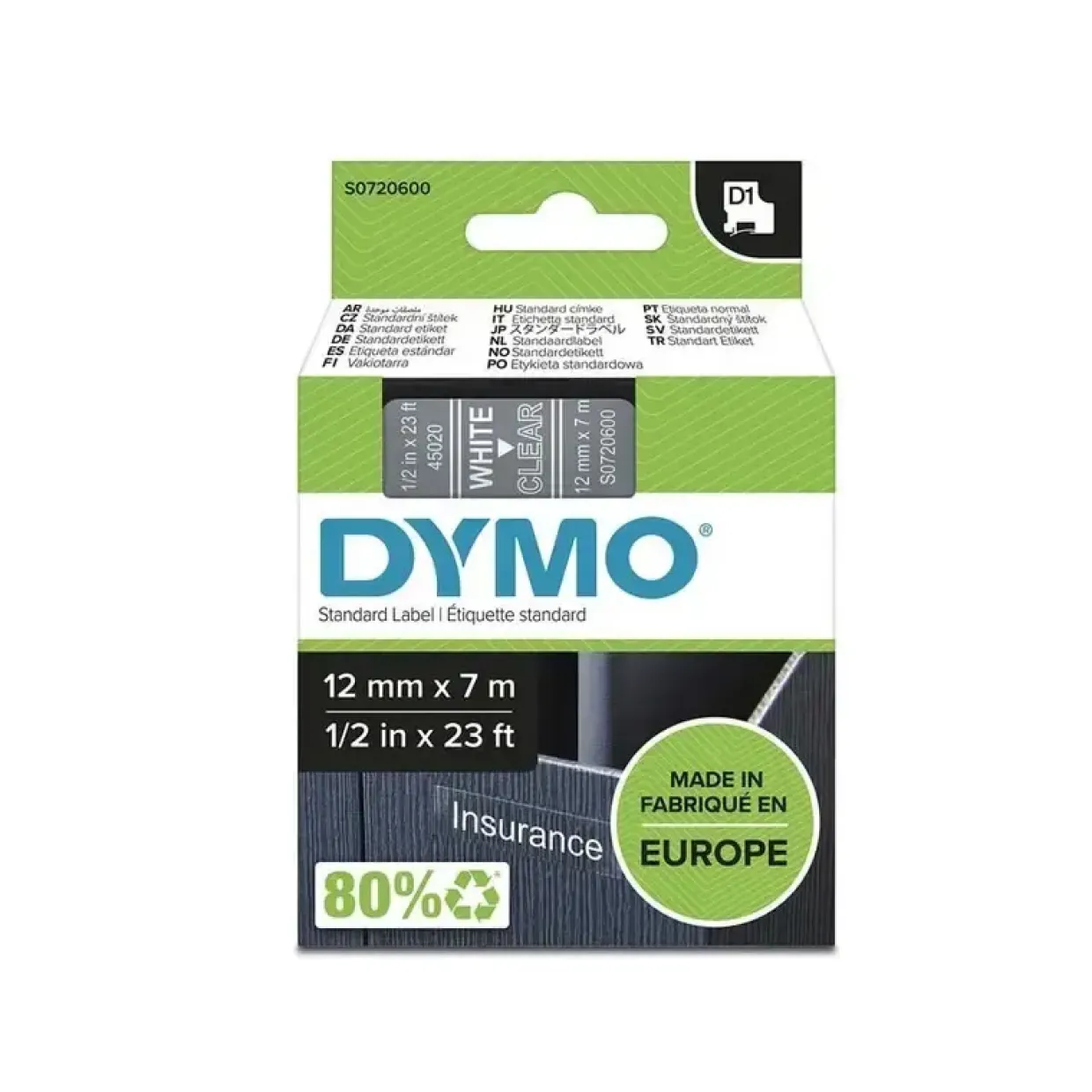 DYMO Tape D1 45020 - Label tape 12 mm hvid på klar