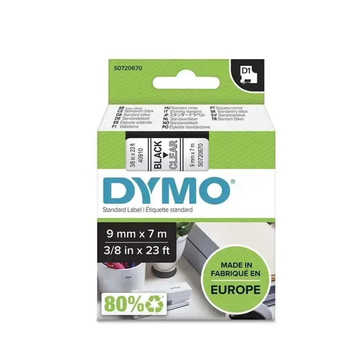 DYMO Tape D1 40910 - Labeltape 9 mm sort på klar