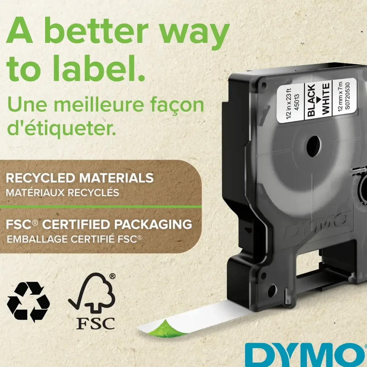 Etikettape - Dymo D1 12mmx7m - Hvid tekst på sort