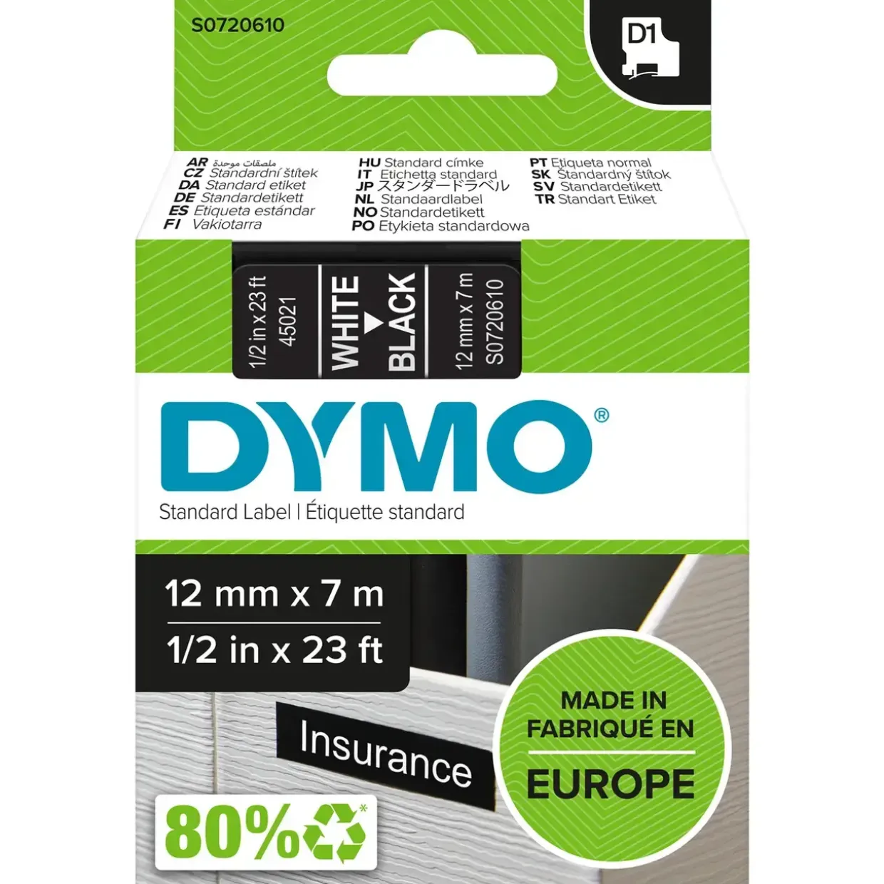 Etikettape - Dymo D1 12mmx7m - Hvid tekst på sort