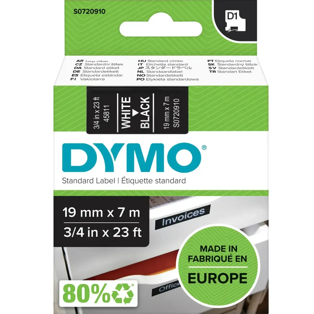 Etikettape - Dymo D1 19mmx7m - Hvid tekst på sort