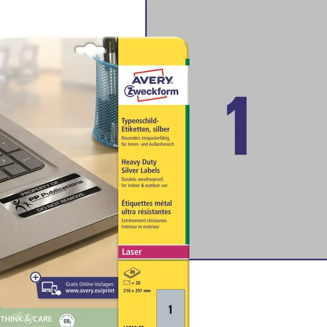 Etiketter - Avery polyester sølv 210x297mm - 20 stk
