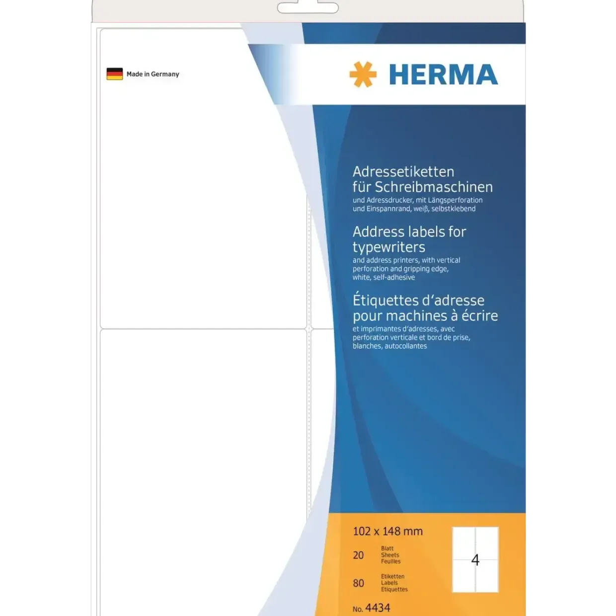 Etiketter - HERMA - A4 102x148 mm - Hvid - Til skrivemaskine - 80 stk