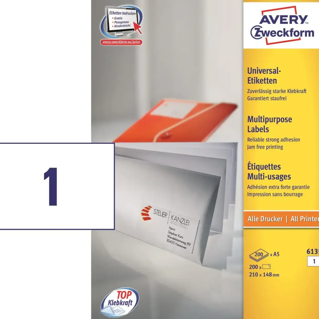Etiketter print selv Avery 6135 - Laserlabel A5 1 pr. ark 210 x 148 mm - 200 ark