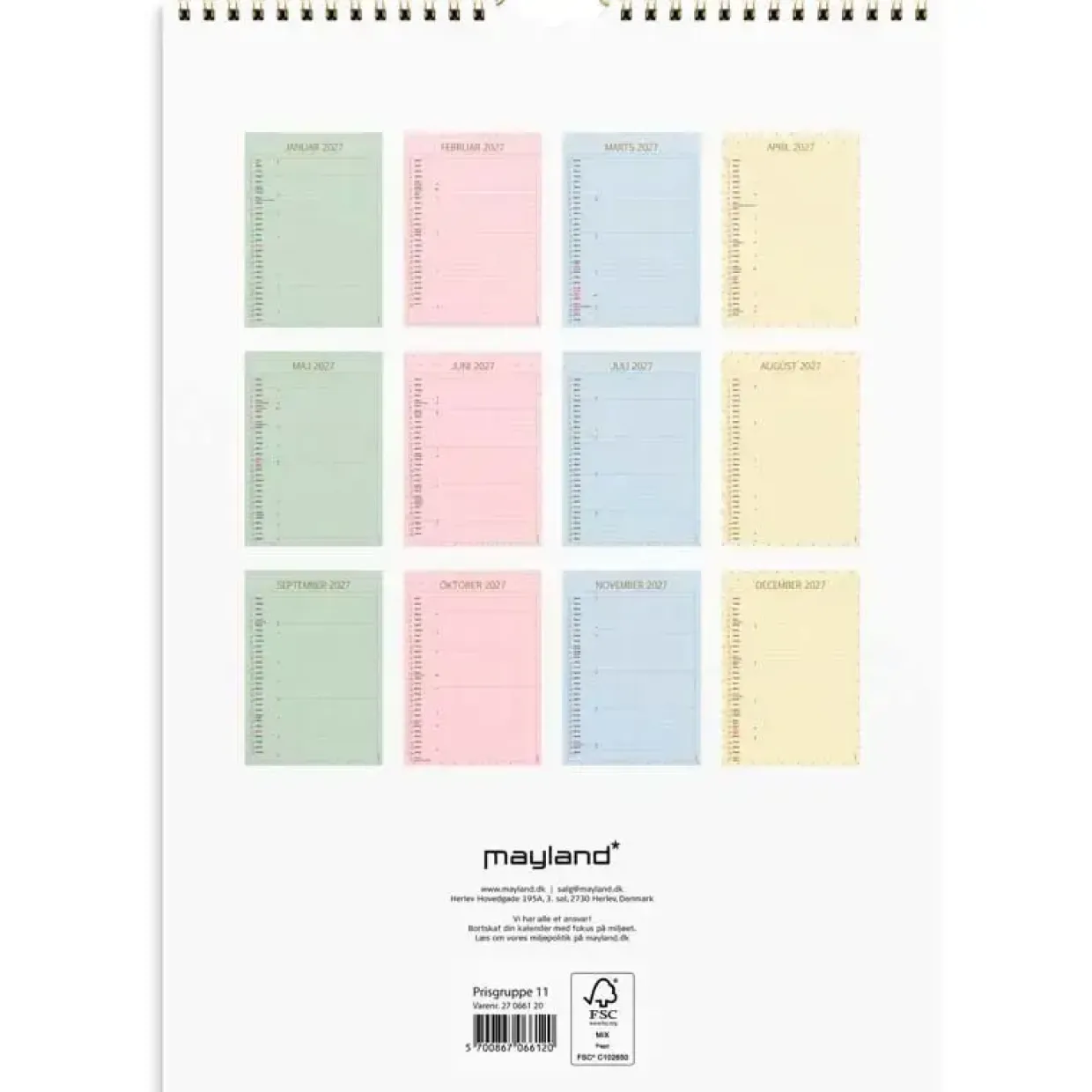 Familiekalender væg - Color lille - A4 - 5 kol. - Flerfarvet - 2027 - Mayland - 27066120