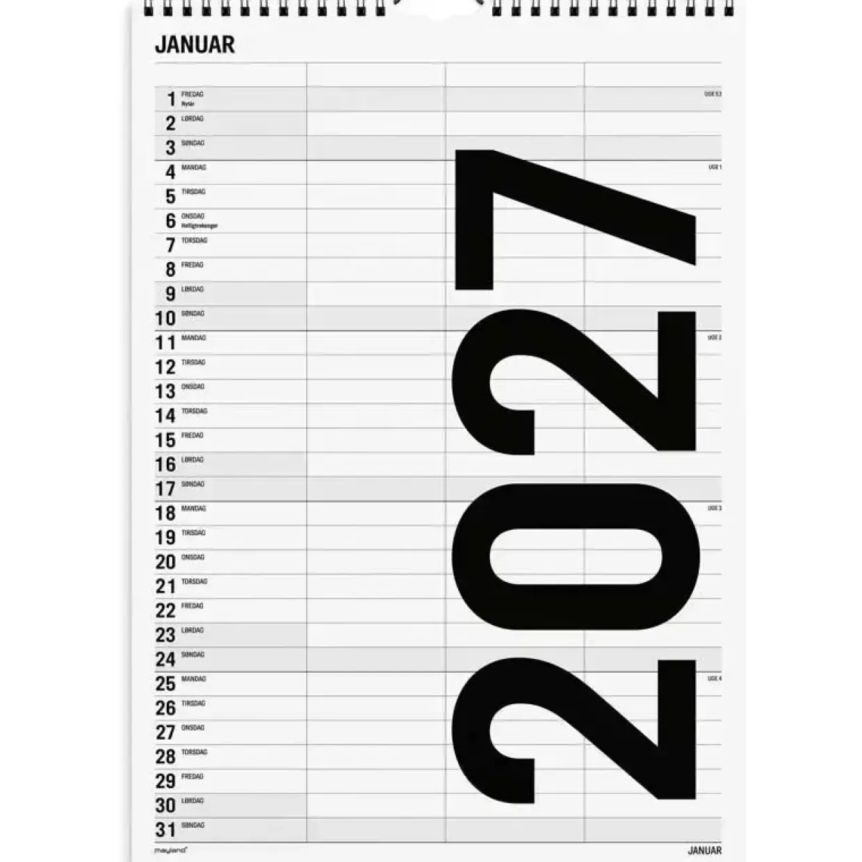 Familiekalender væg - 240x342mm - 3 kol. - Sort / Hvid - 2027 - Mayland - 27066520