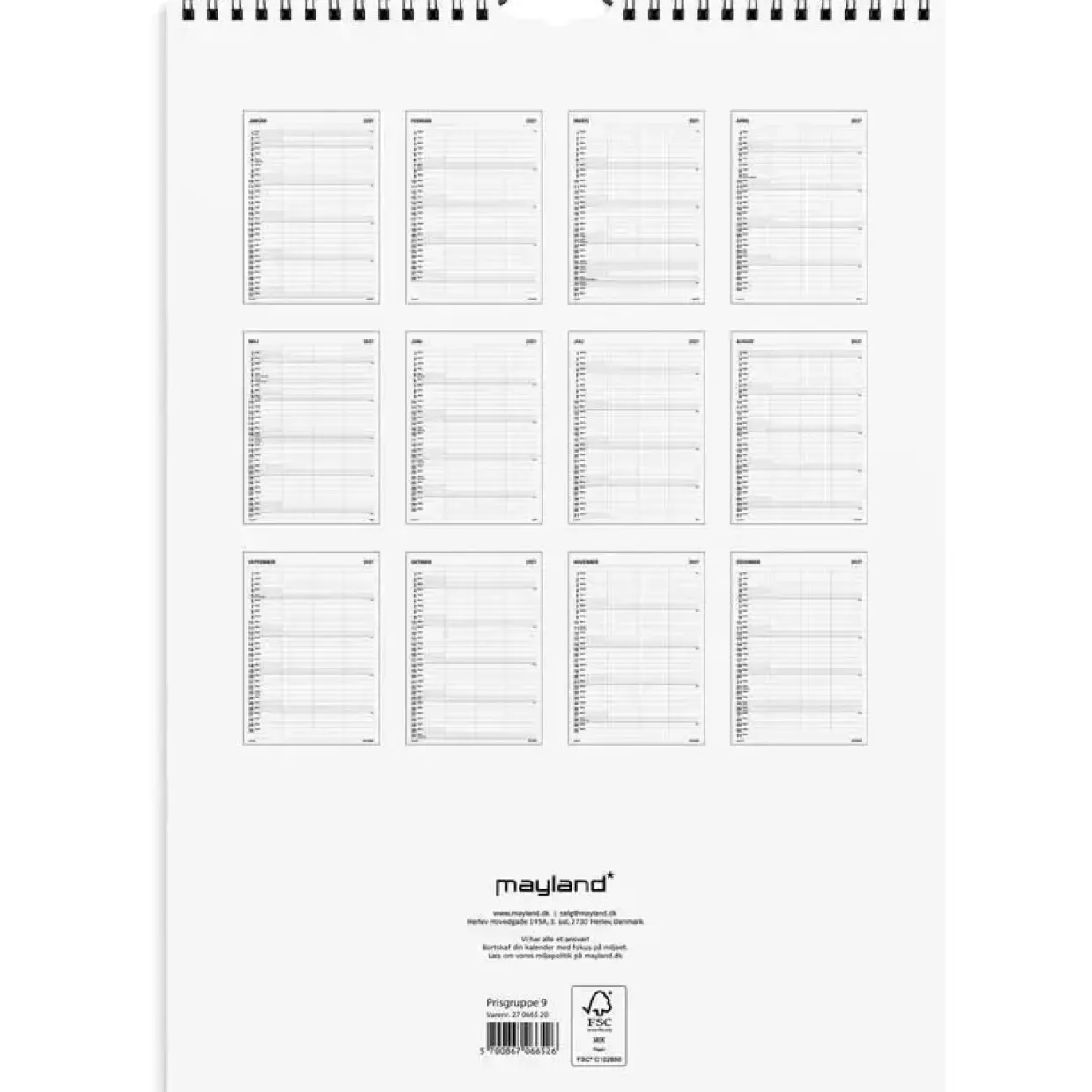 Familiekalender væg - 240x342mm - 3 kol. - Sort / Hvid - 2027 - Mayland - 27066520