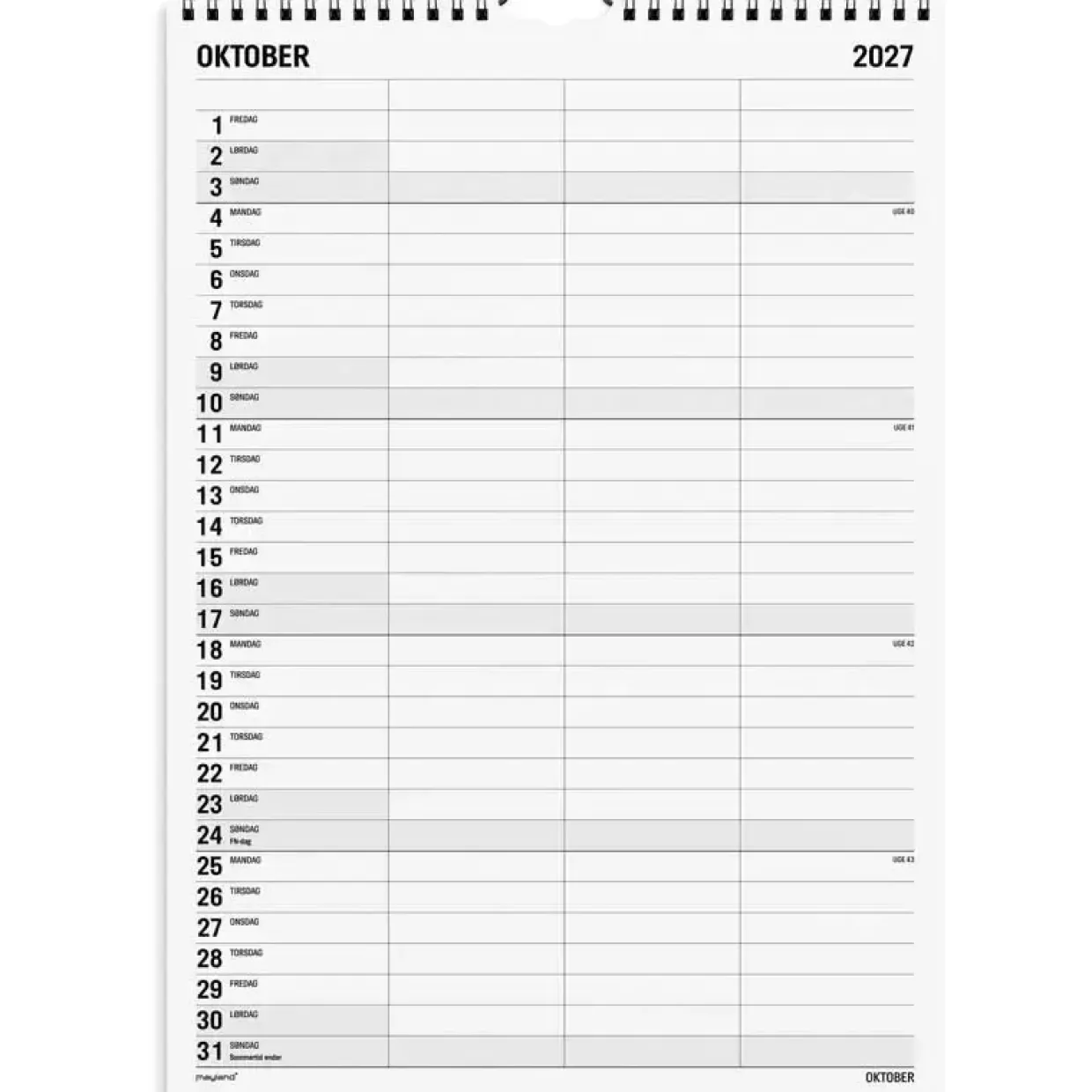Familiekalender væg - 240x342mm - 3 kol. - Sort / Hvid - 2027 - Mayland - 27066520