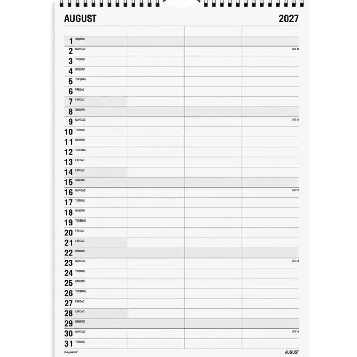 Familiekalender væg - 240x342mm - 3 kol. - Sort / Hvid - 2027 - Mayland - 27066520