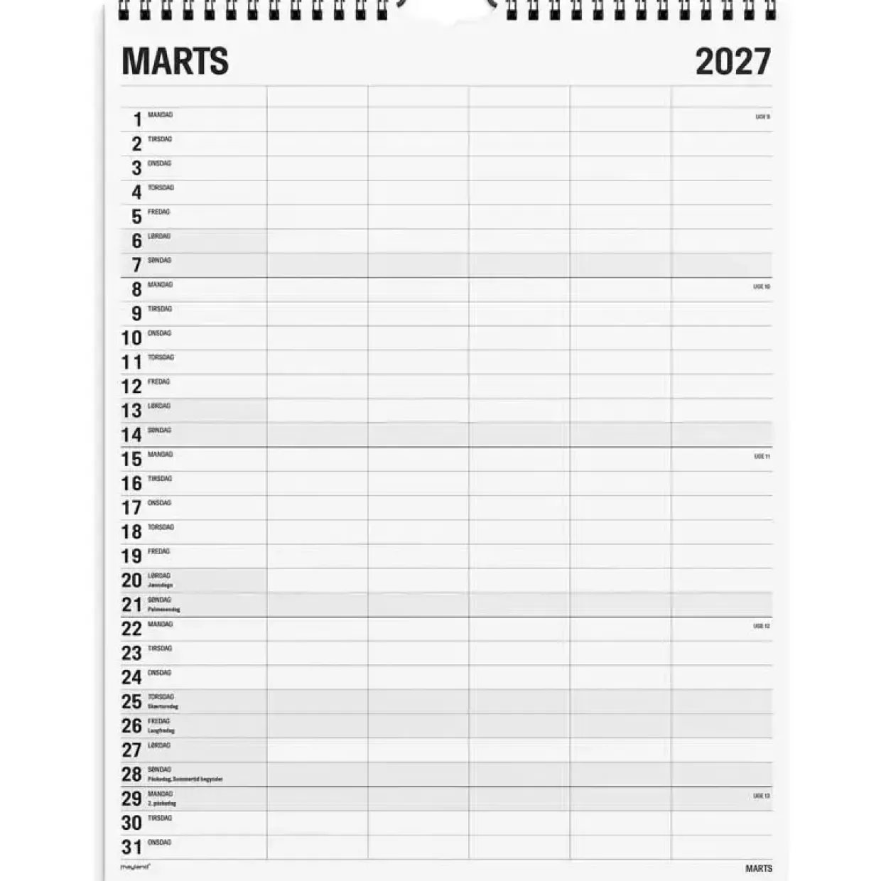 Familiekalender væg - 295x393mm - 5 kol. - Sort / Hvid - 2027 - Mayland - 27066550