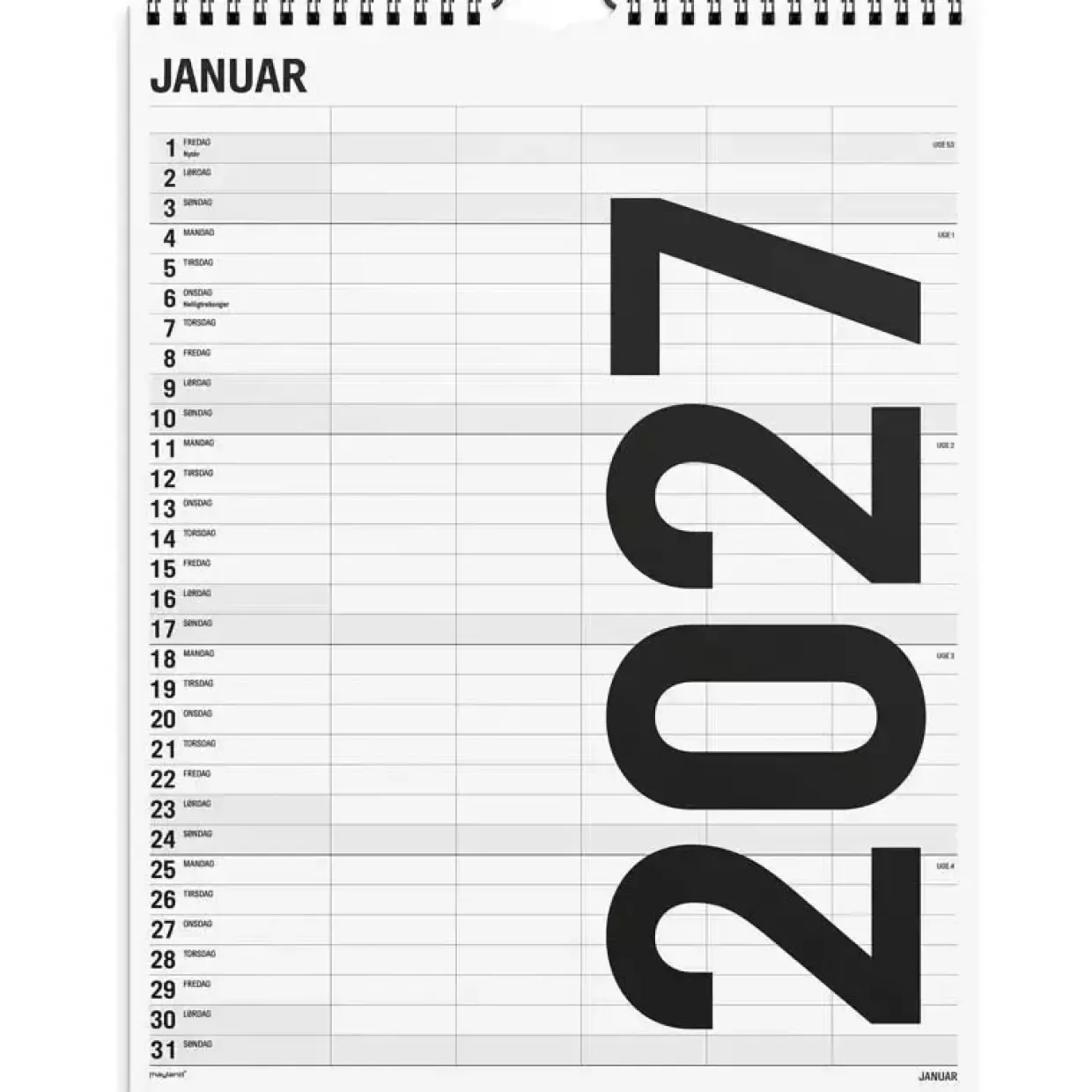 Familiekalender væg - 295x393mm - 5 kol. - Sort / Hvid - 2027 - Mayland - 27066550
