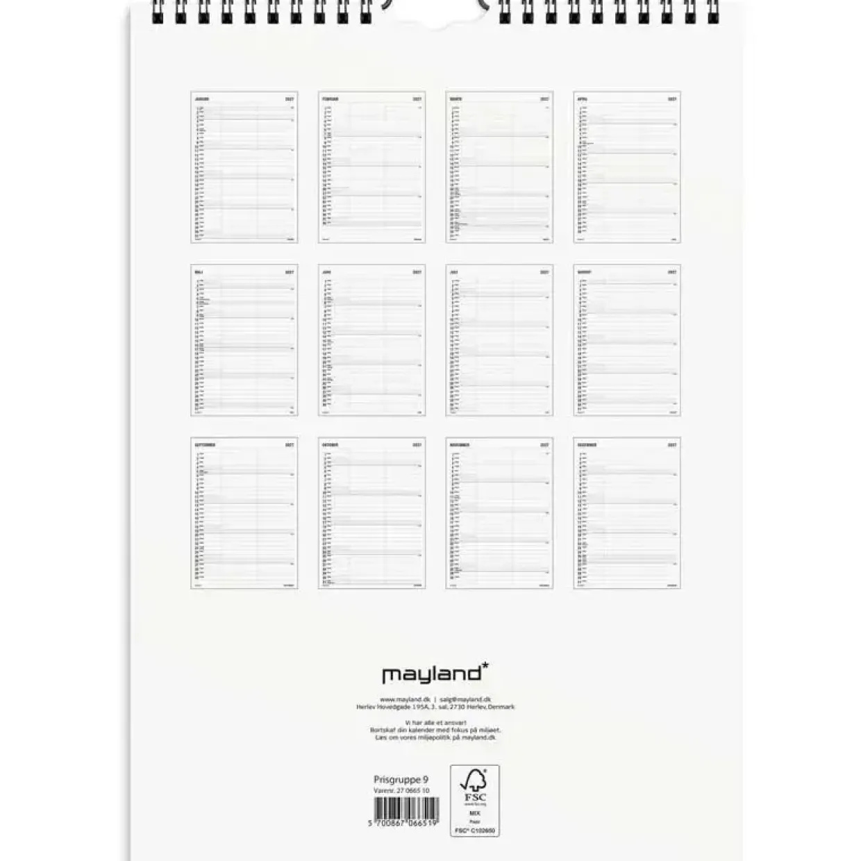 Familiekalender væg - 210x320mm - 2 kol. - Sort / Hvid - 2027 - Mayland - 27066510
