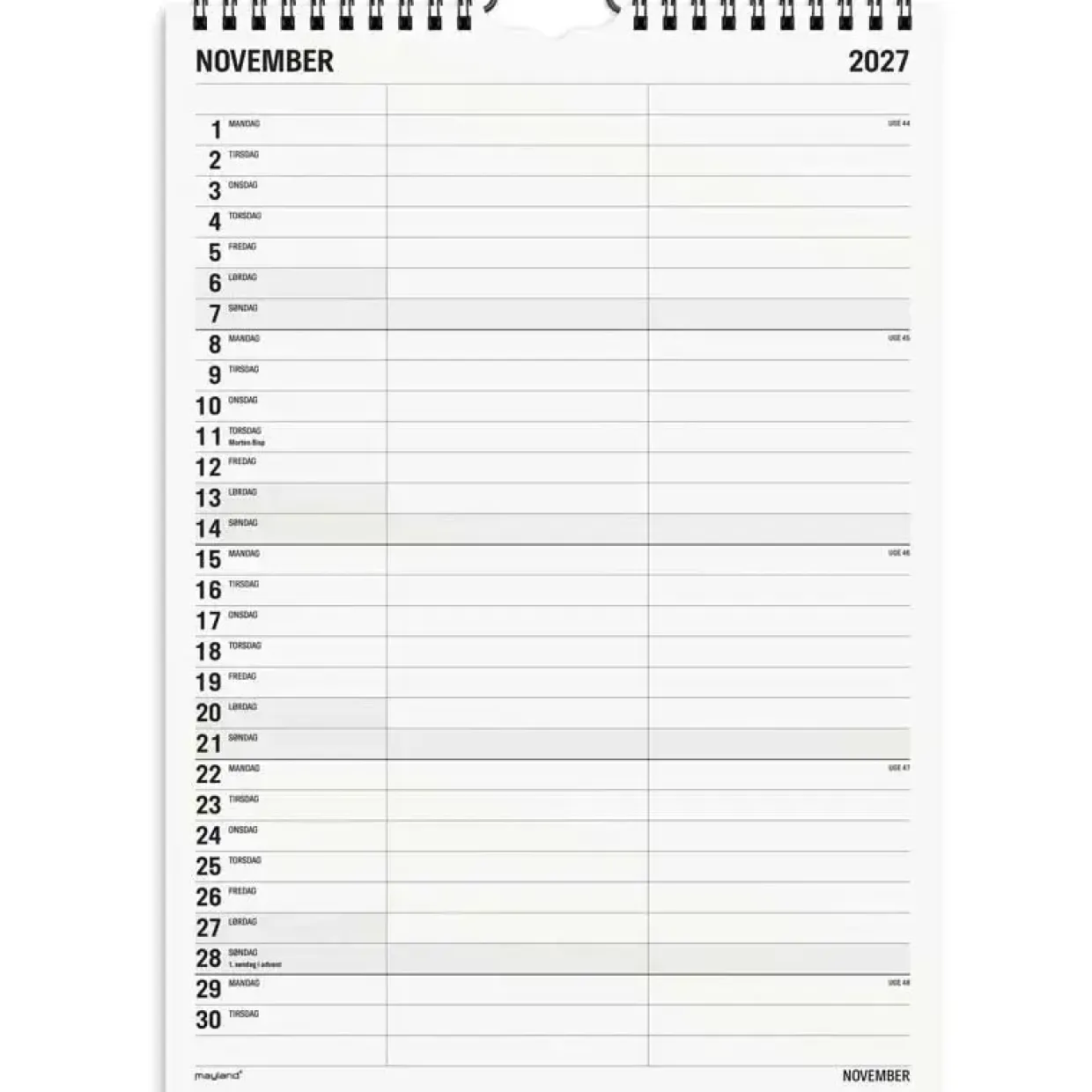 Familiekalender væg - 210x320mm - 2 kol. - Sort / Hvid - 2027 - Mayland - 27066510