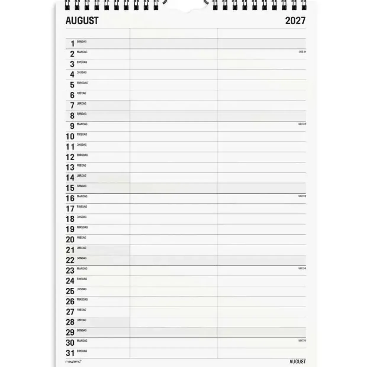 Familiekalender væg - 210x320mm - 2 kol. - Sort / Hvid - 2027 - Mayland - 27066510