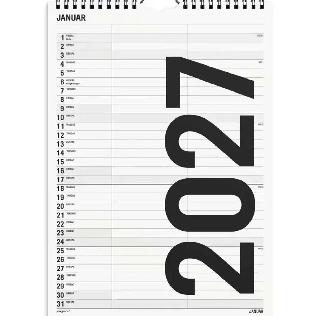 Familiekalender væg - 210x320mm - 2 kol. - Sort / Hvid - 2027 - Mayland - 27066510