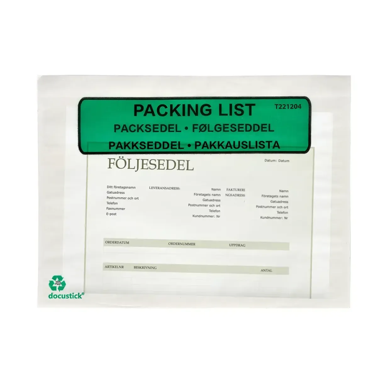 Følgeseddellommer Docustick Green C5 m. tryk - 1000 stk