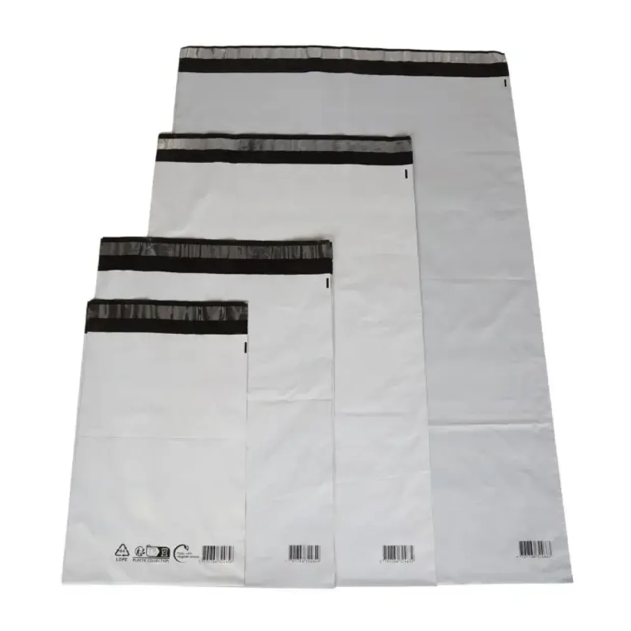 Forsendelsespose, Coex, 50 µm, LD-PE sort/hvid, 550x770mm permanent tape lukning, pakke a 100 stk