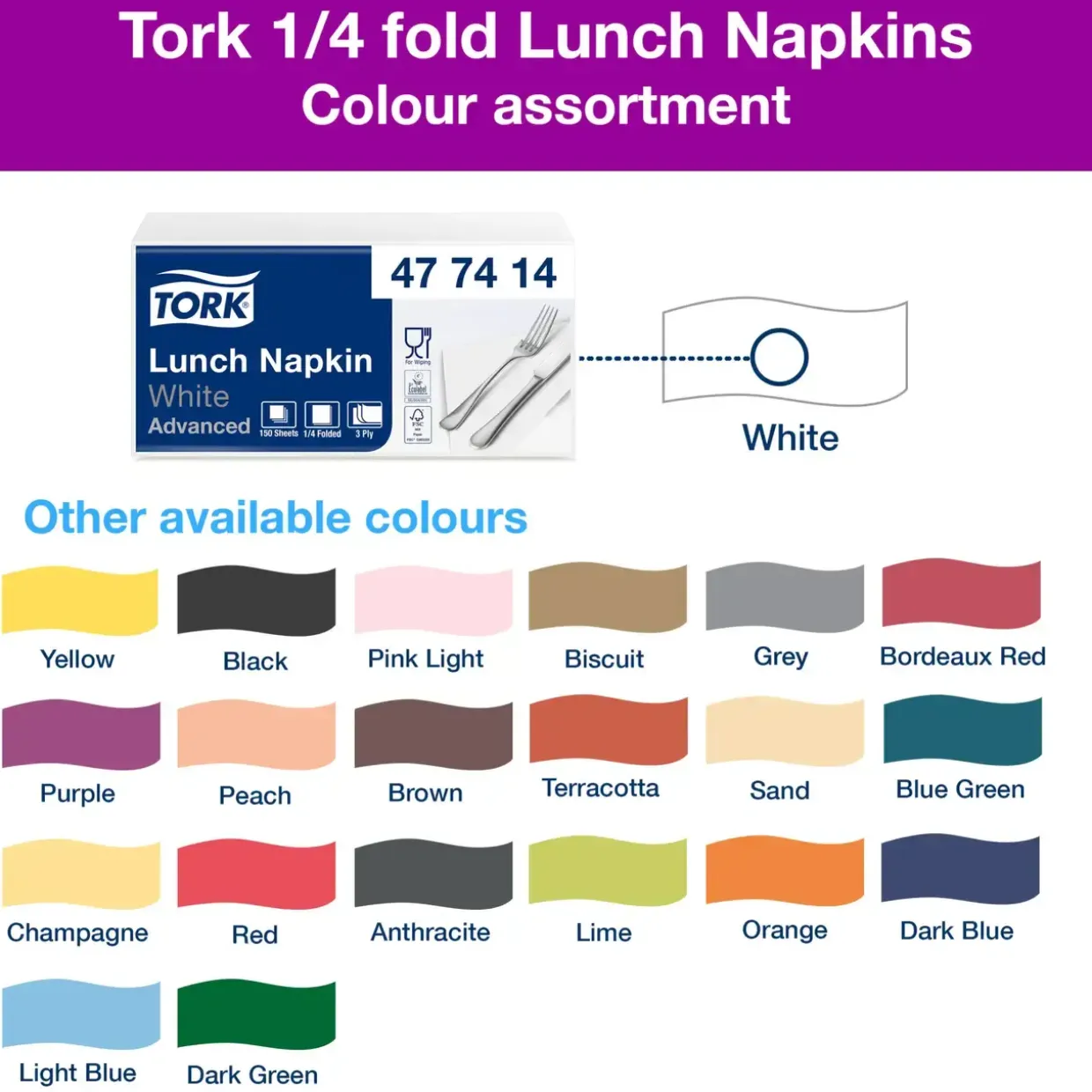 Frokostserviet - Tork 477414 - 3-lags - 1/4-fold - Hvid - 33x33cm - 1500 stk