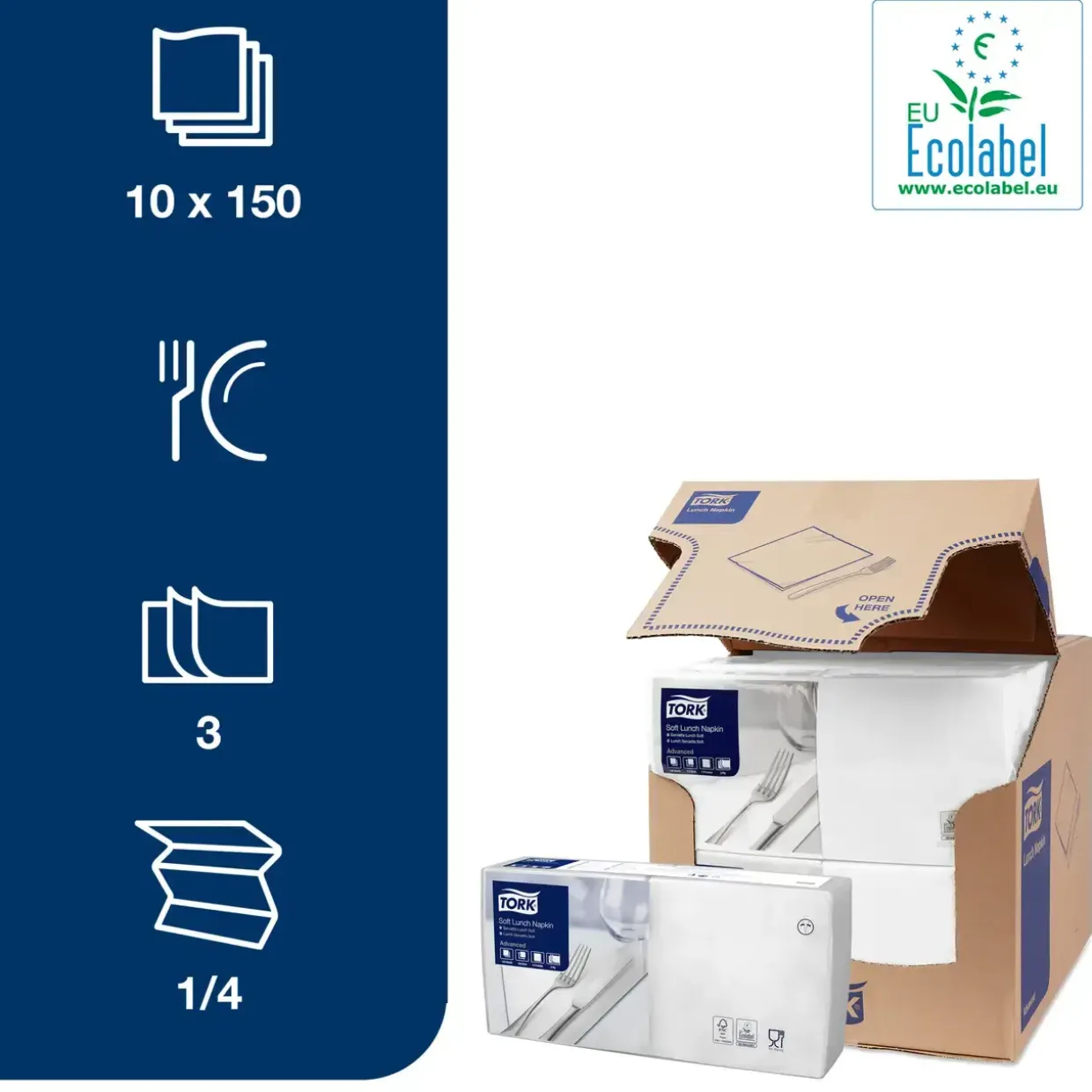 Frokostserviet - Tork 477414 - 3-lags - 1/4-fold - Hvid - 33x33cm - 1500 stk