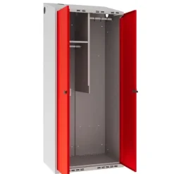 Garderobeskab POL, skråt tag og rød døre - 800 x 550 x 1752 mm
