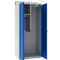 Garderobeskab POL, skråt tag og blå døre - 800 x 550 x 1752 mm