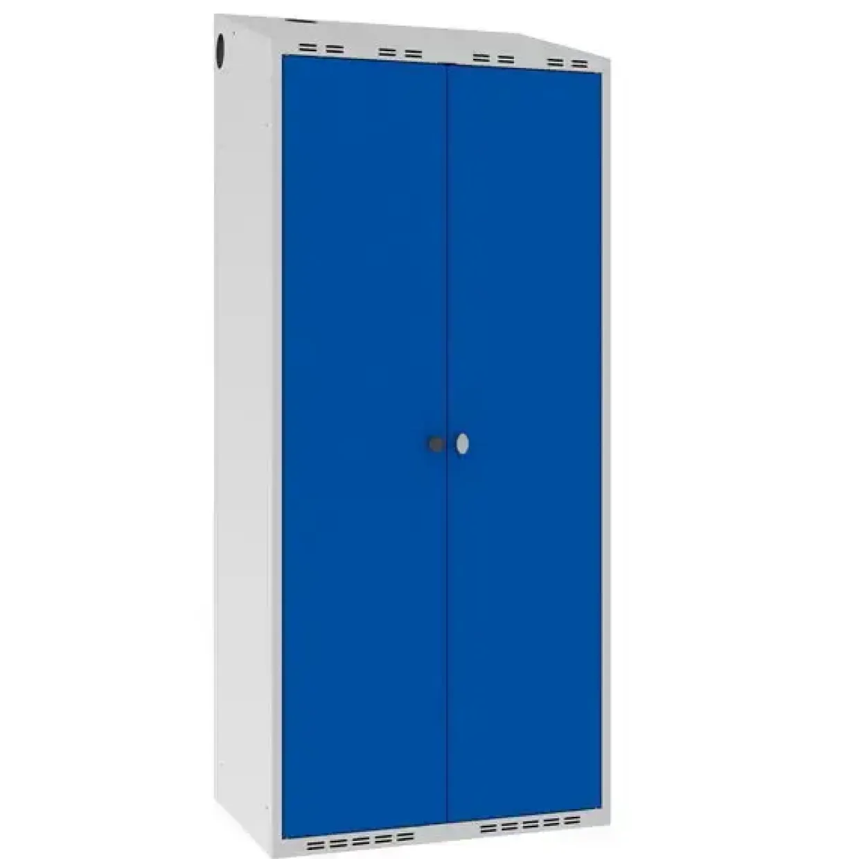Garderobeskab POL, skråt tag og blå døre - 800 x 550 x 1752 mm