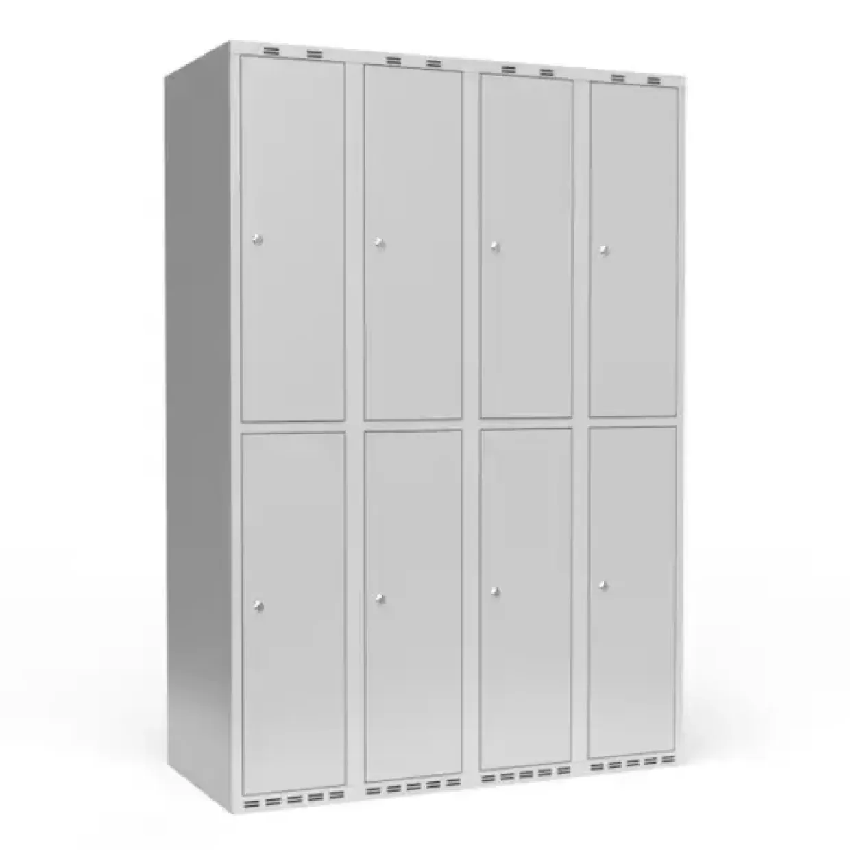 Garderobeskab 4x300 mm m/lige tag, 2 rum i højden og lys grå dør m/cylinderlås