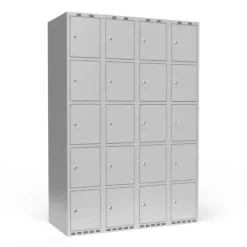 Garderobeskab 4x300 mm m/lige tag, 5 rum i højden og lys grå dør m/cylinderlås