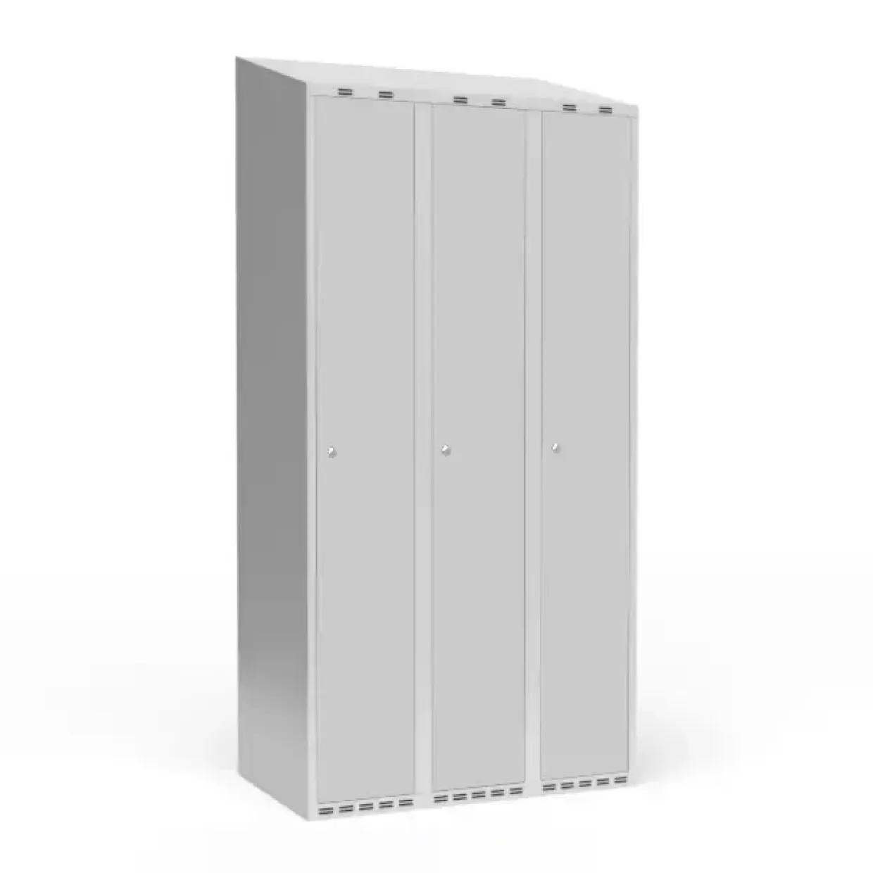 Garderobeskab 3x300 mm m/skråt tag, 1 rum i højden og lys grå dør m/cylinderlås