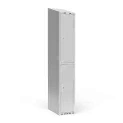 Garderobeskab 1x300 mm m/skråt tag, 2 rum i højden og lys grå dør m/cylinderlås