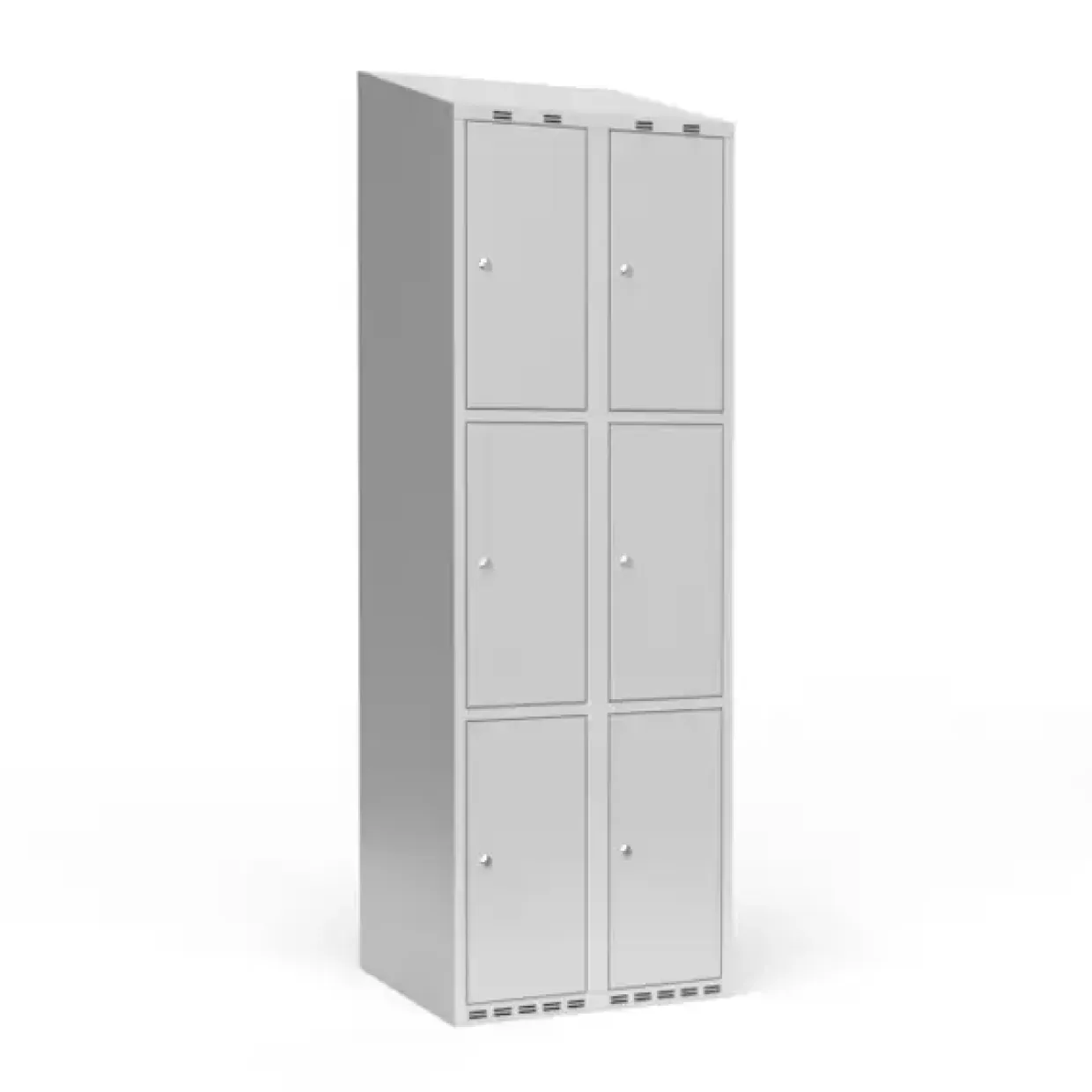 Garderobeskab 2x300 mm m/skråt tag, 3 rum i højden og lys grå dør m/cylinderlås