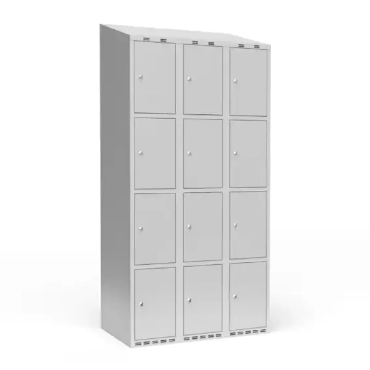 Garderobeskab 3x300 mm m/skråt tag, 4 rum i højden og lys grå dør m/cylinderlås