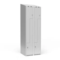Garderobeskab 2x300 mm Skråt tag, 2-delt søjle Lys grå Z-dør m/greb for hængelås