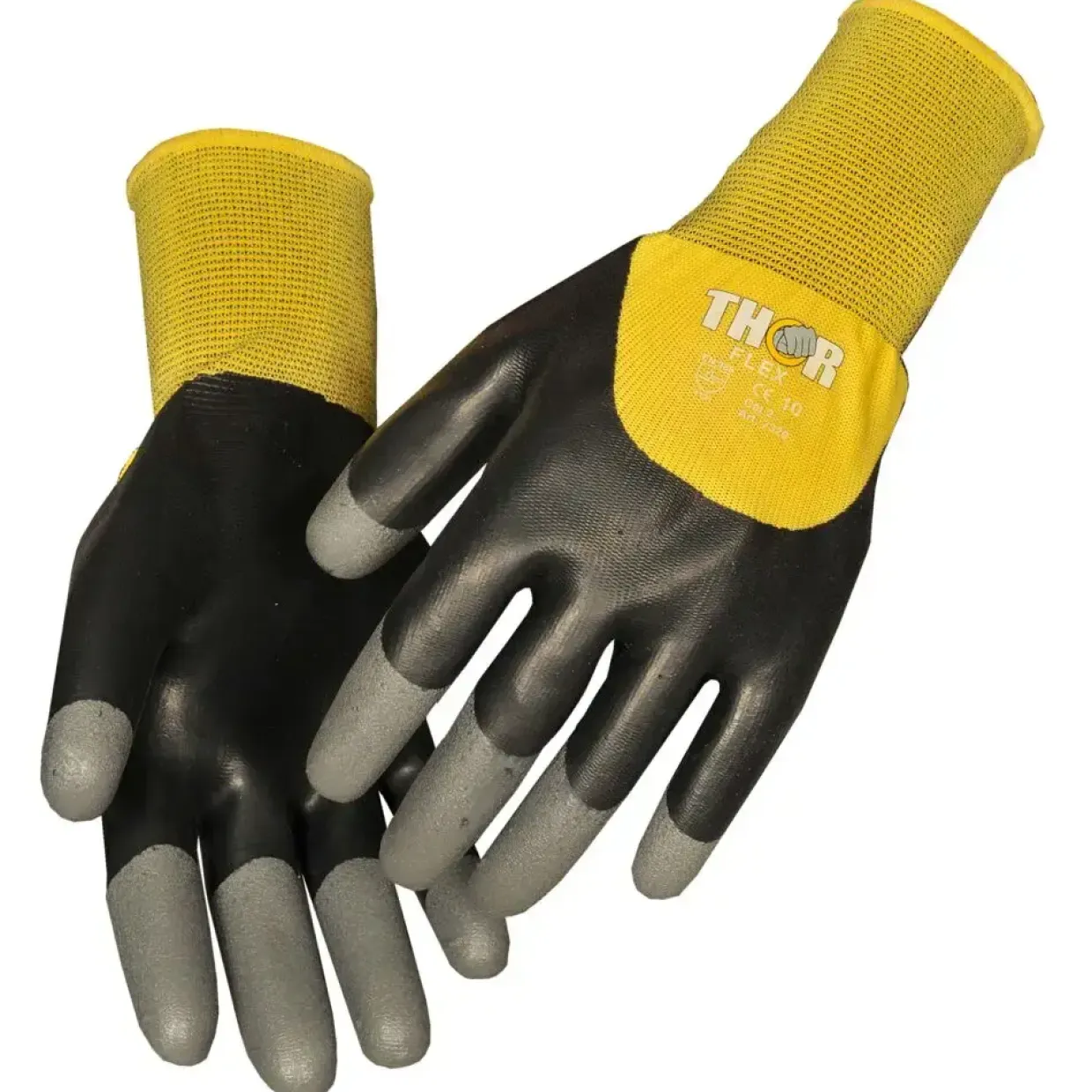 Halvdyppet latexhandske, THOR Flex Dry, 8, sort, latex/nitril/polyester, med gul ribkant - 12 par