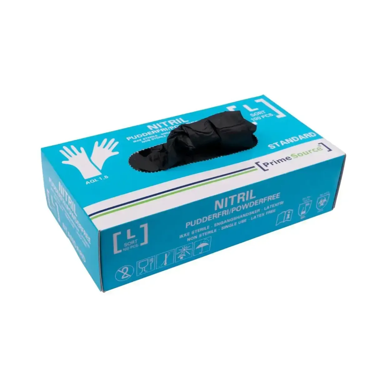 Handske Engangs Prime Source STANDARD str L Nitril uden Pudder Sort AQL 1.5 - 10 pk x 100 stk/krt