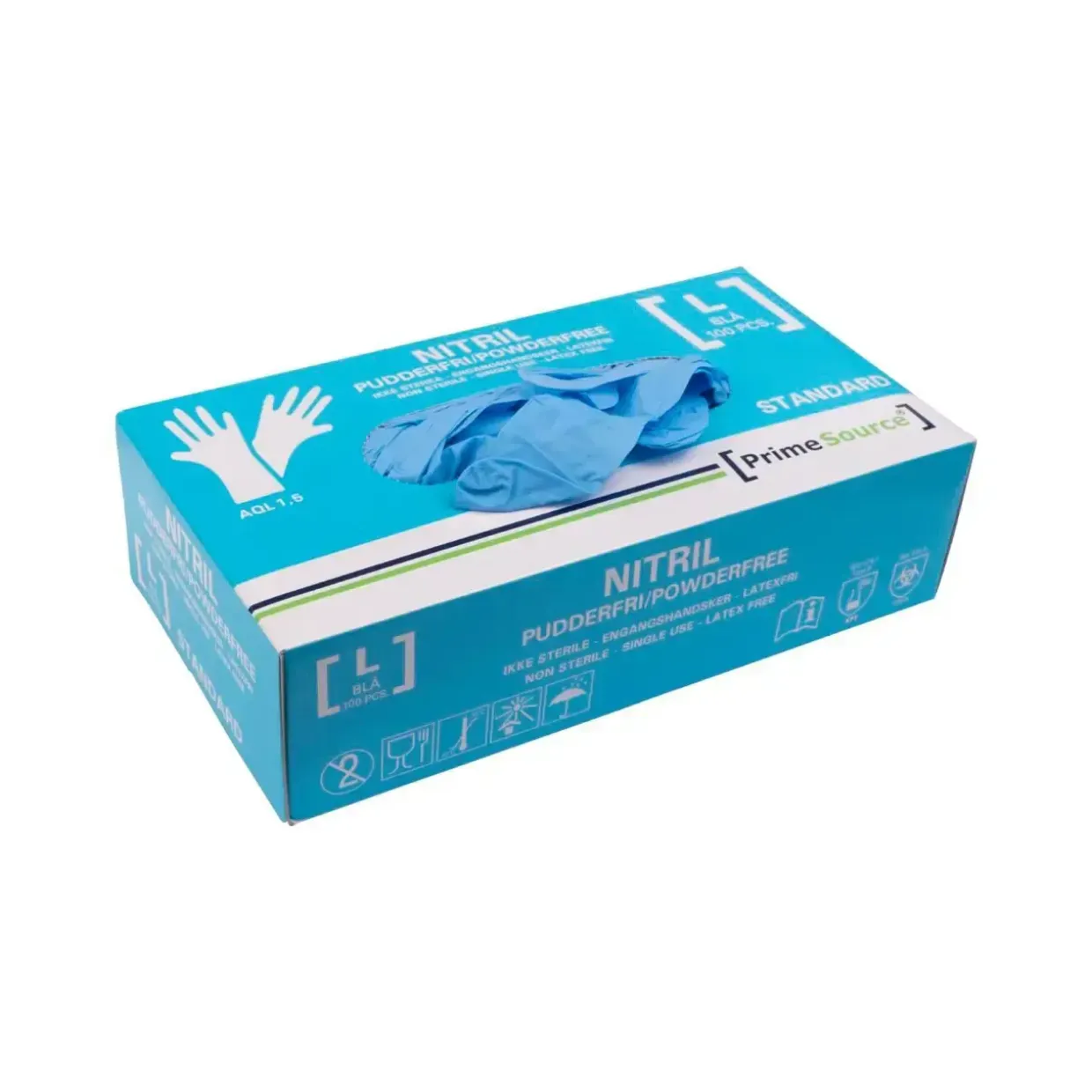 Handske Engangs Prime Source STANDARD str L Nitril uden Pudder Blå AQL 1.5 - 10 pk x 100 stk/krt