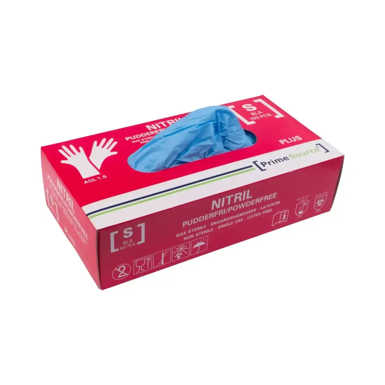 Handske Engangs Prime Source PLUS str S Nitril uden Pudder Blå AQL 1.5 - 10 pk x 100 stk/krt